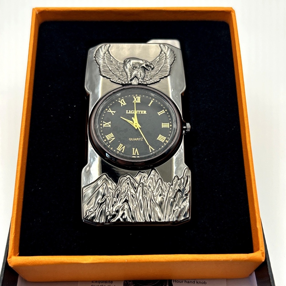 Eagle Black Luxury Quartz Watch Butane Gas Cigar Lighter Windproof  Blue Flame